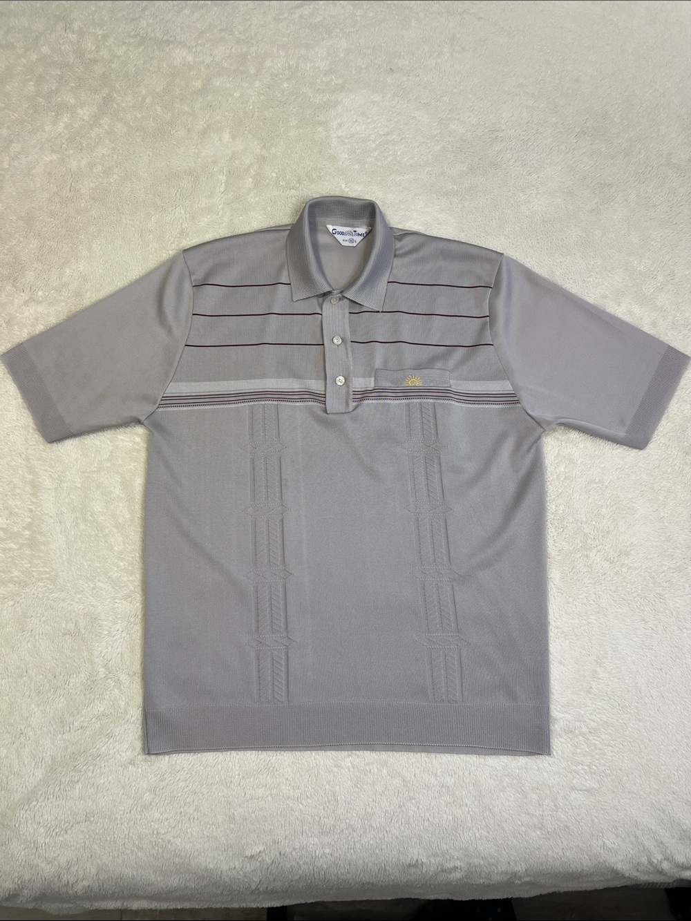 Good Time Vintage Short-Sleeve Gray Knit Polo with Subtle Stripe Accents